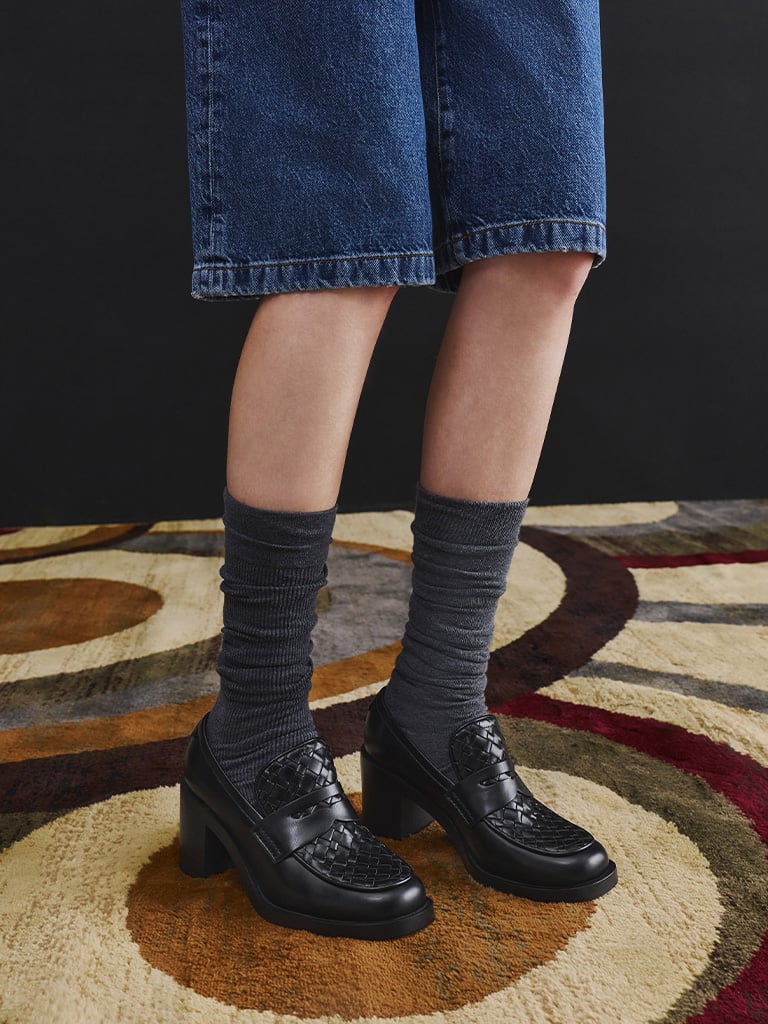 Women's Celia Faux Suede Buckled Multi-Strap Chunky Calf Boots in black textured — CHARLES & KEITH