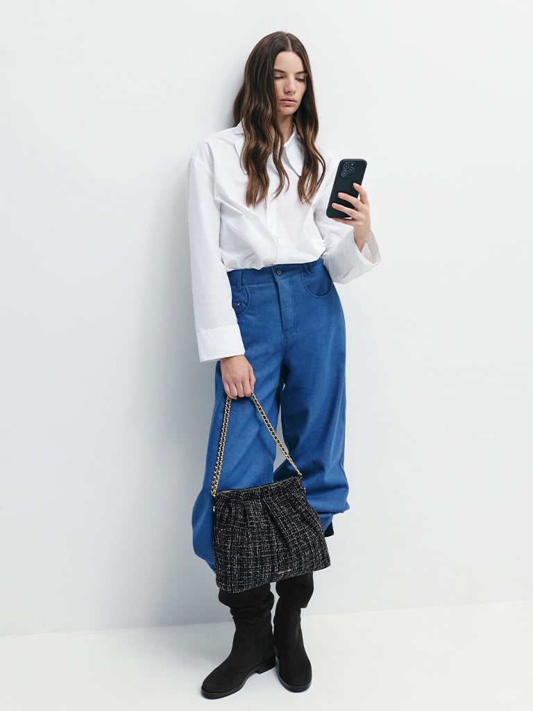 Women's Duo Tweed Double-Chain Hobo Bag in black tweed — CHARLES & KEITH