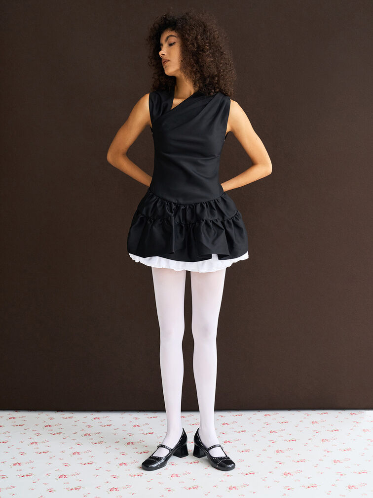 Classic Mary Jane pumps pair well with bubble mini dress