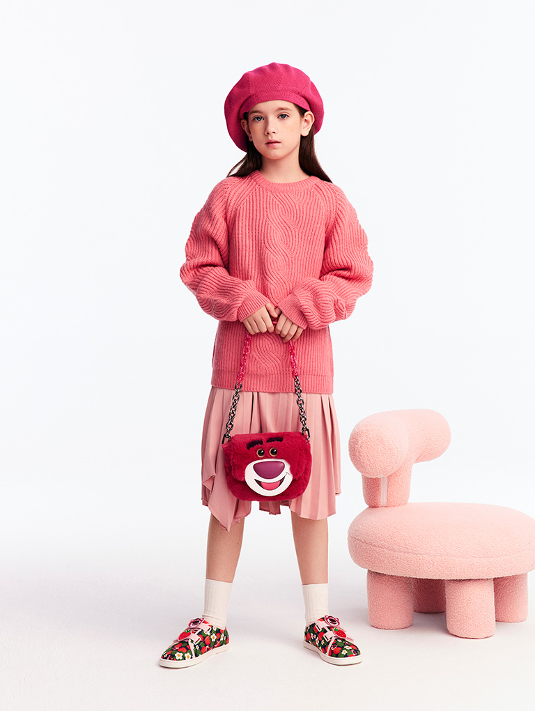 Girls' Lotso Strawberry-Print Sneakers in pink and Lotso Chain Handle Furry Bag in fuchsia - CHARLES & KEITH