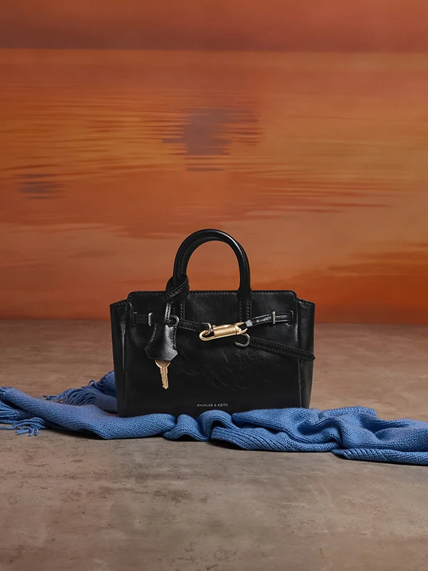 Noir Mini Delfina Belted Tote Bag - CHARLES & KEITH