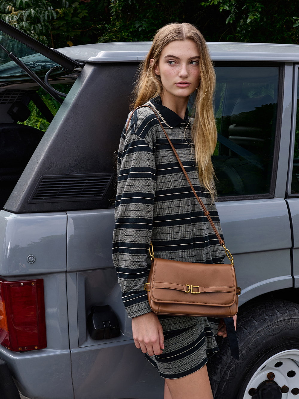 Gwynne Metallic-Buckle Belted Shoulder Bag in chocolate - CHARLES & KEITH