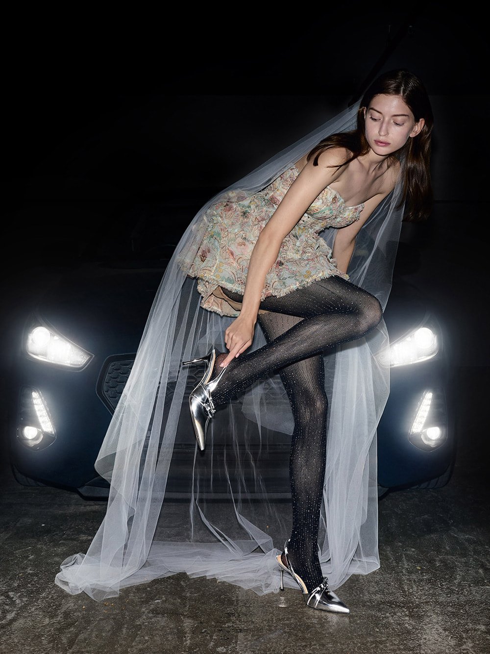 Silver Jessy bow slingback pumps styled with black lace tights - CHARLES & KEITH