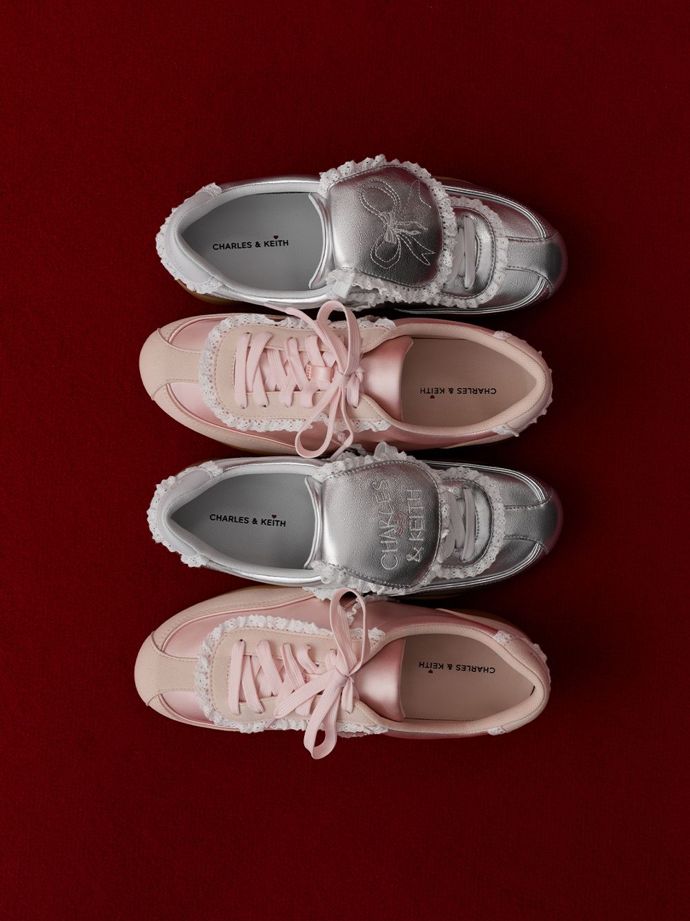 Women's Louise Satin Lace-Trim Sneakers in silver and light pink - CHARLES & KEITH