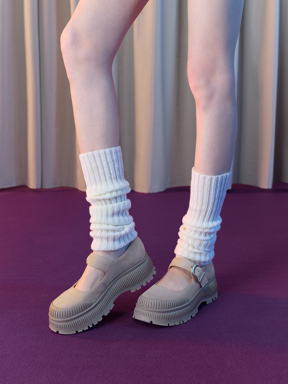 Women’s Darra ridged-sole platform Mary Janes in beige - CHARLES & KEITH