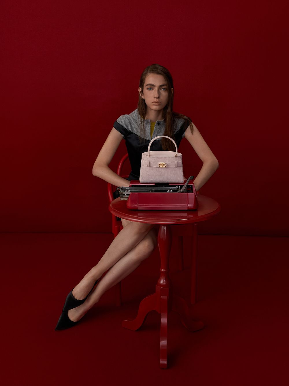 Women’s pink Aubrielle recycled suede metallic-buckle belted top handle bag and Brantley recycled polyester bow pointed-toe slingback kitten heels - CHARLES & KEITH