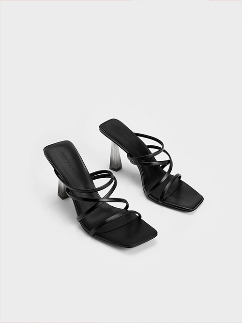 Transparent Heel Strappy Mules - Black