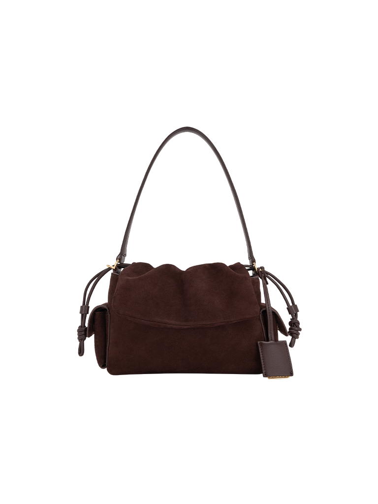 Khai Recycled Suede Ruched-Flap Side-Pocket Top Handle Bag - CHARLES & KEITH