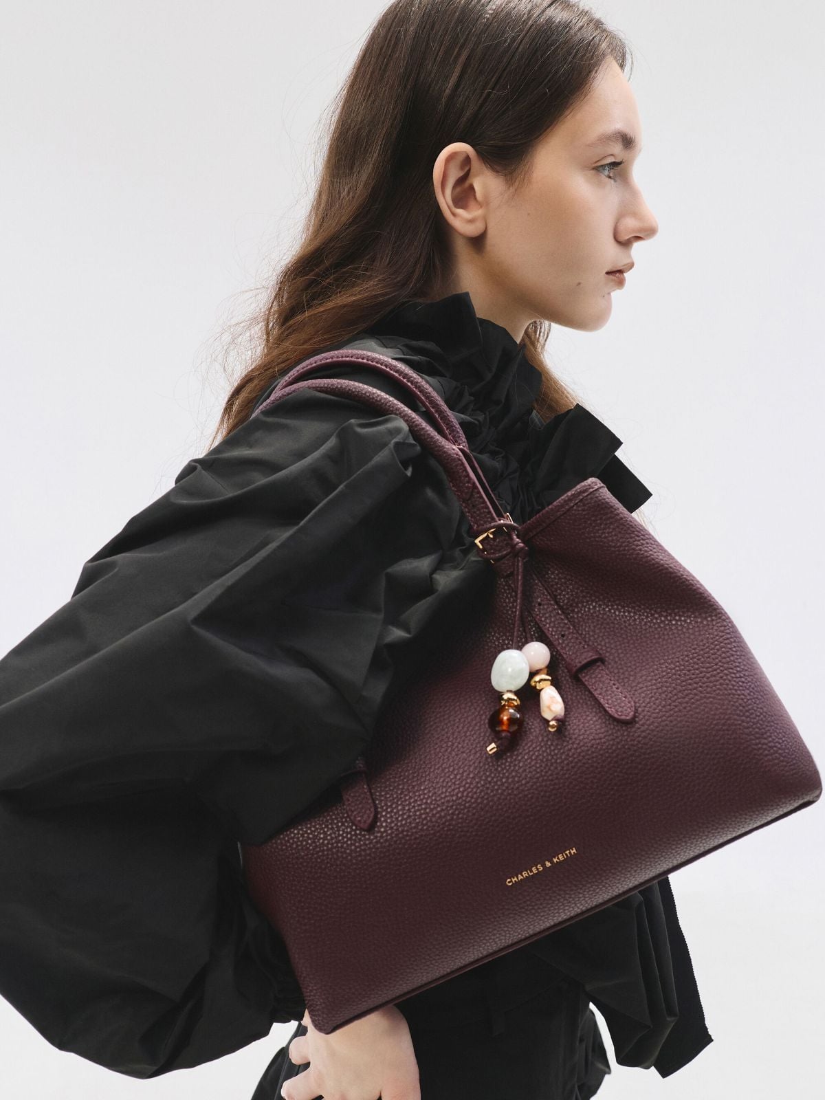 Ivette Woven Top Handle Bag - Wineberry Red - CHARLES & KEITH