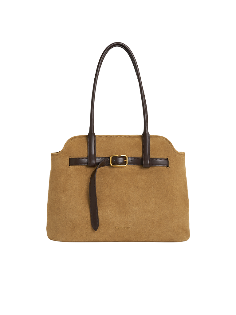 Victoria Recycled Suede Belted Trapeze Tote Bag - CHARLES & KEITH