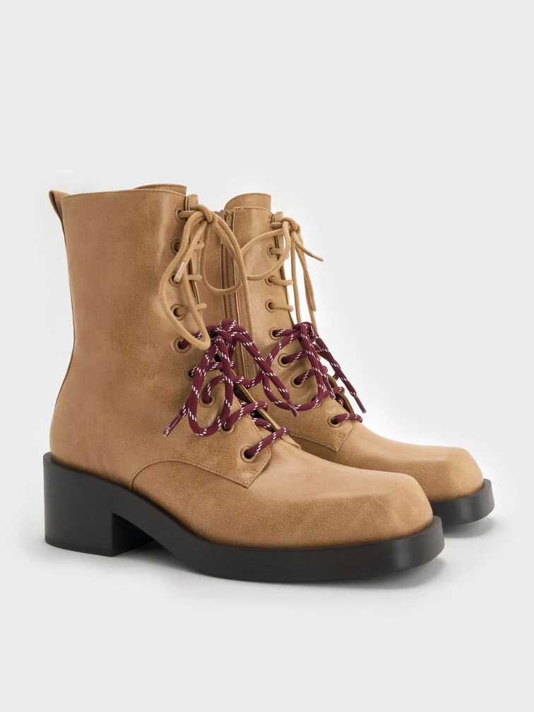 Block-heel double-lace calf boots in sand brown.
