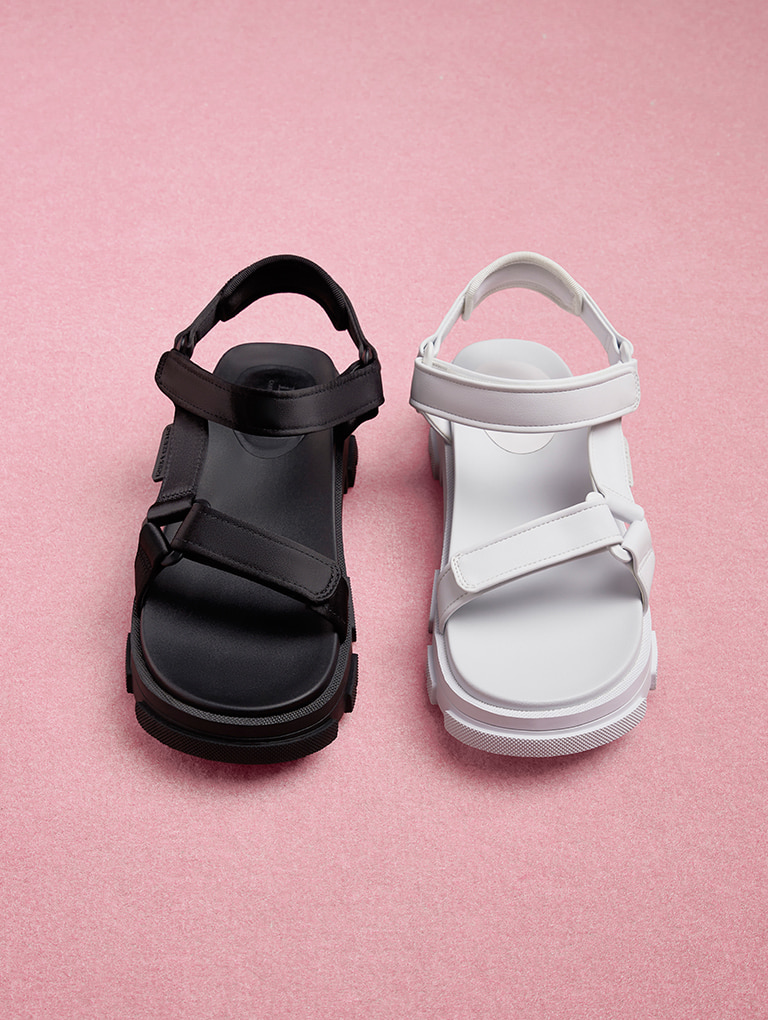 Girls' Satin Sports Sandals in black and white - CHARLES & KEITH