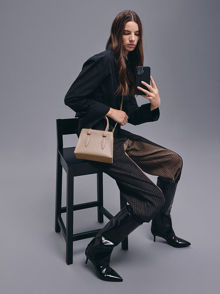 Allyn Structured Trapeze Tote Bag in Taupe — CHARLES & KEITH