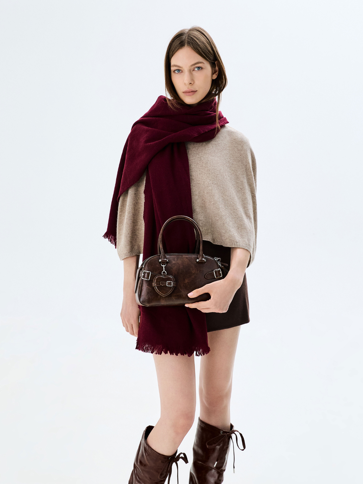 Espresso Brown Arlet Recycled Suede Belted Top Handle Bag - CHARLES & KEITH