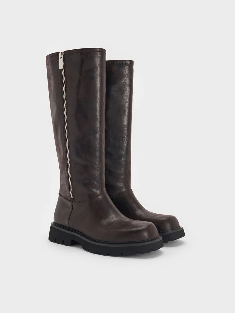 Dark brown knee-high boots with a subtle distressed finish.
