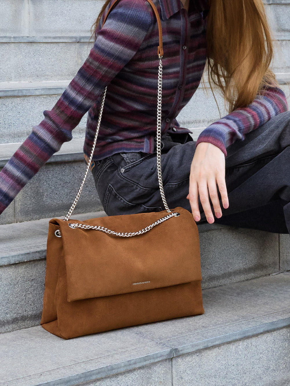 Women’s Sianna Recycled Suede chain-handle shoulder bag in brown - CHARLES & KEITH