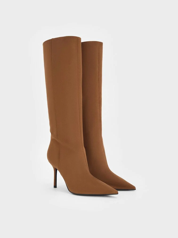 Faux suede stiletto knee-high boots in cognac brown.