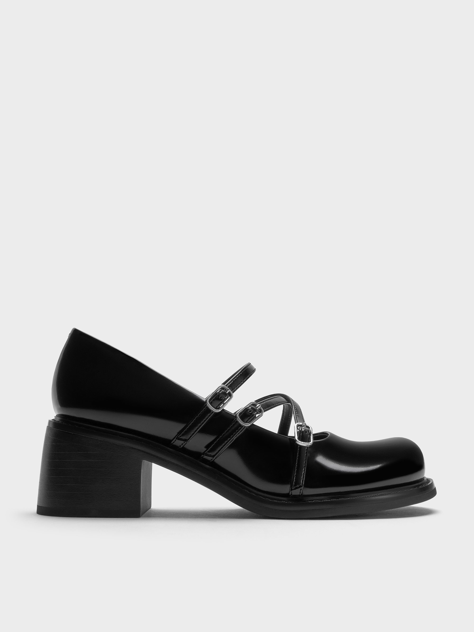 Triple-Strap Crossover Block-Heel Mary Janes - Black Boxed