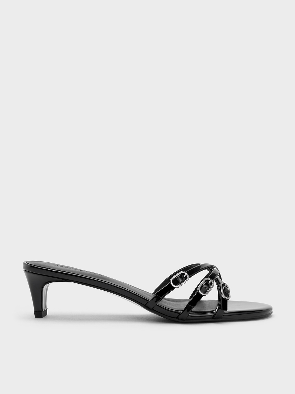 Giày mules cao gót Patent Buckled Strappy - Đen bóng - CHARLES & KEITH VN