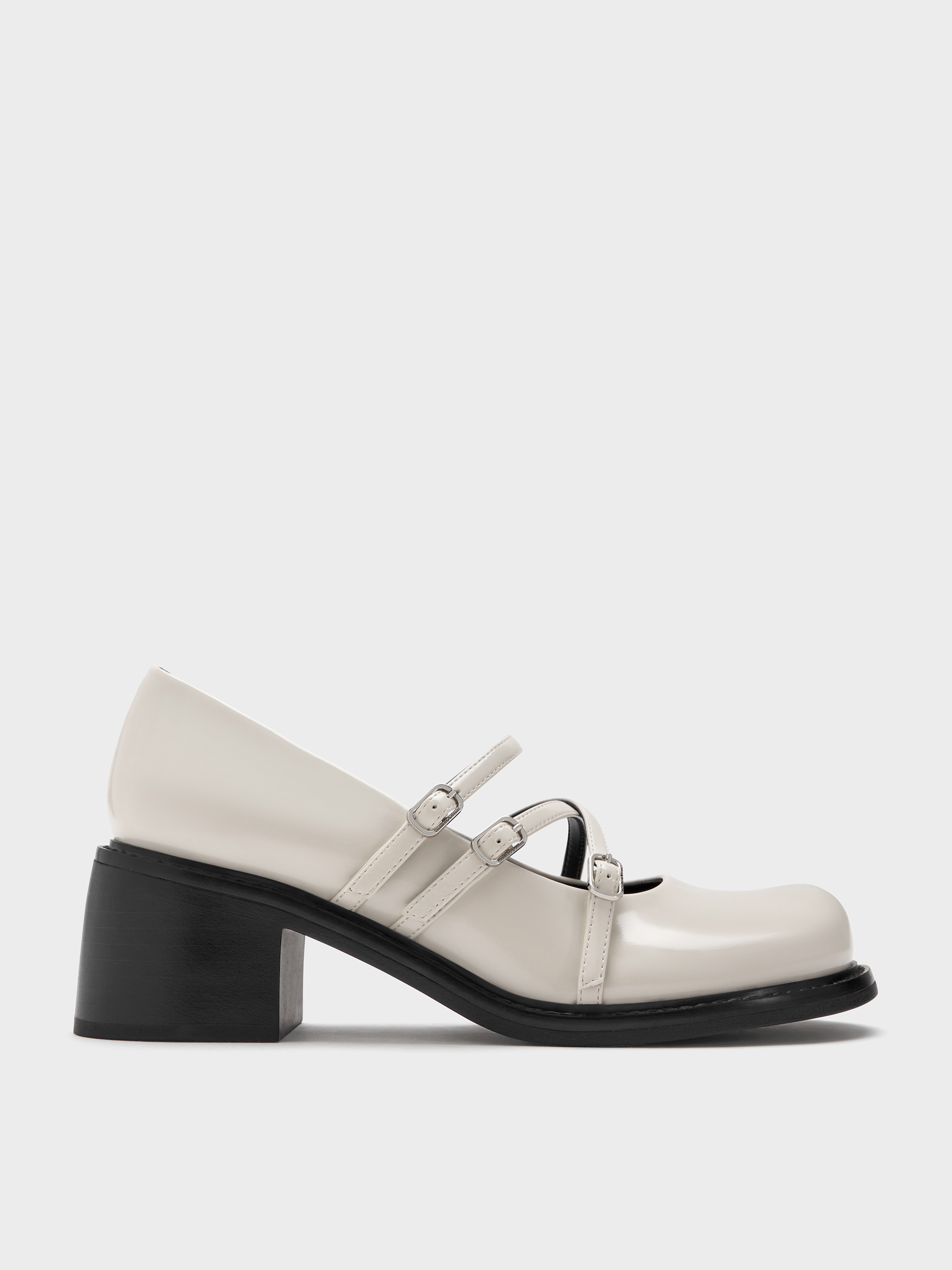 Chalk Triple-Strap Crossover Block-Heel Mary Janes - Chalk - Shoes