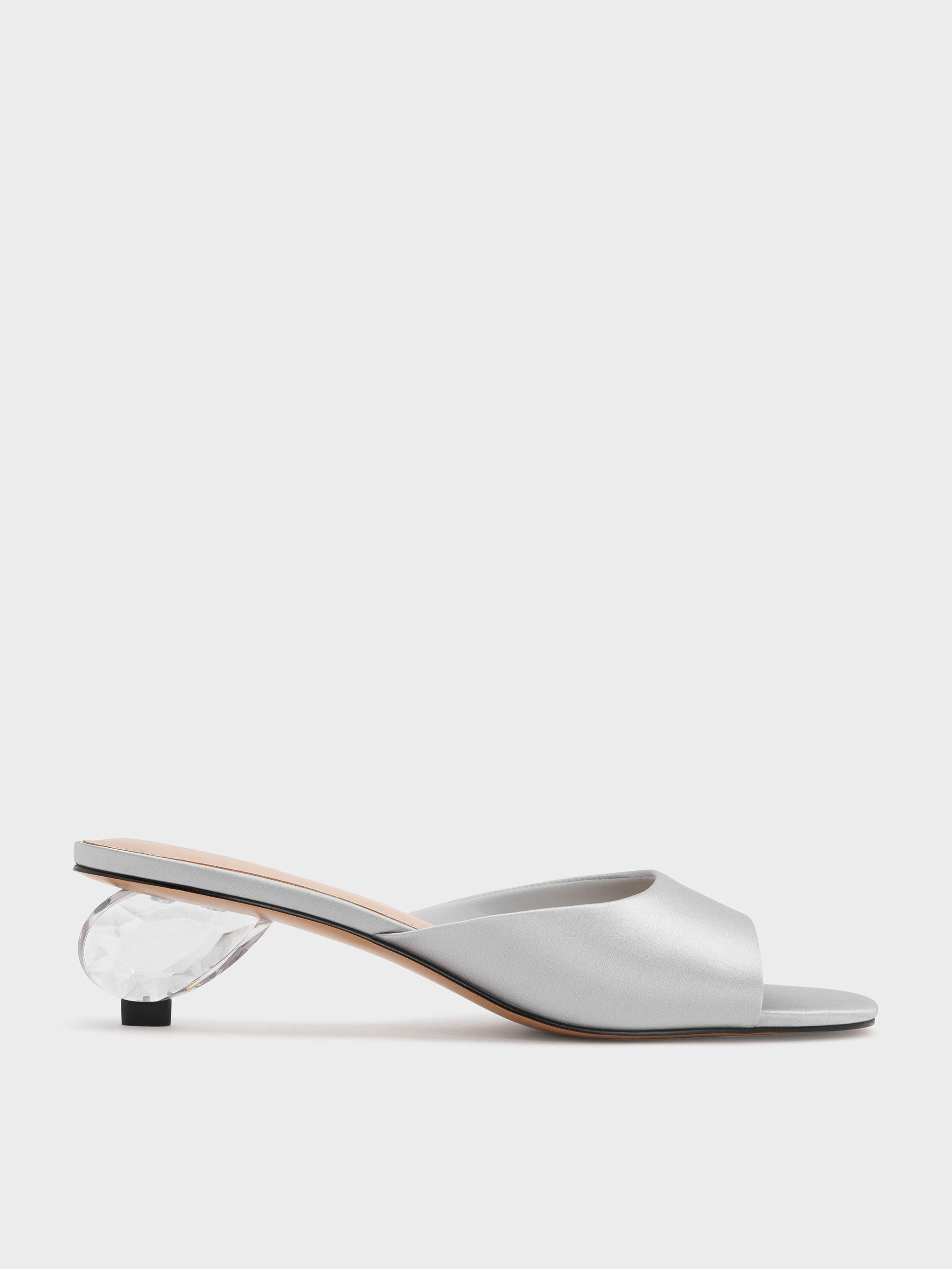 Satin Crystal-Heel Mules - Silver - CHARLES & KEITH VN
