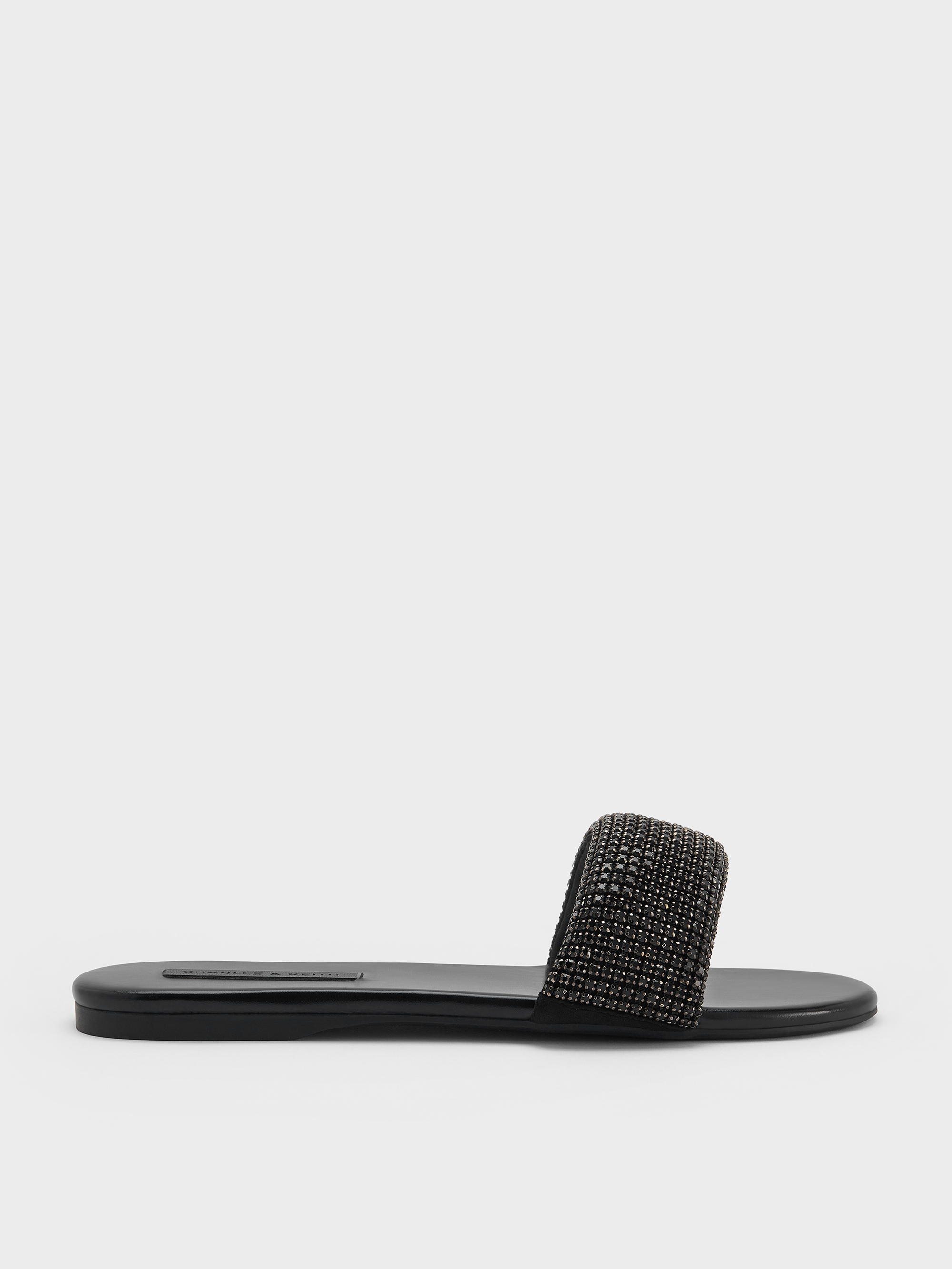 Black Textured Faux Suede Crystal-Embellished Slide Sandals CHARLES  KEITH