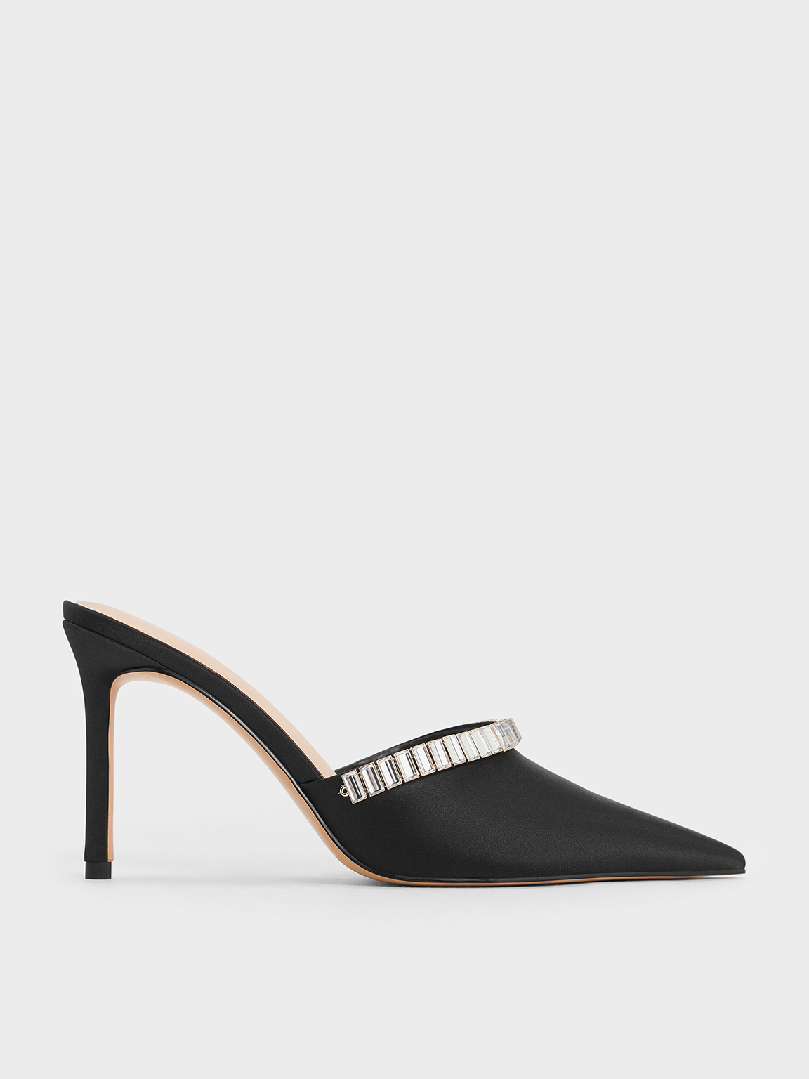 Satin Crystal-Embellished Pointed-Toe Heeled Mules - Black