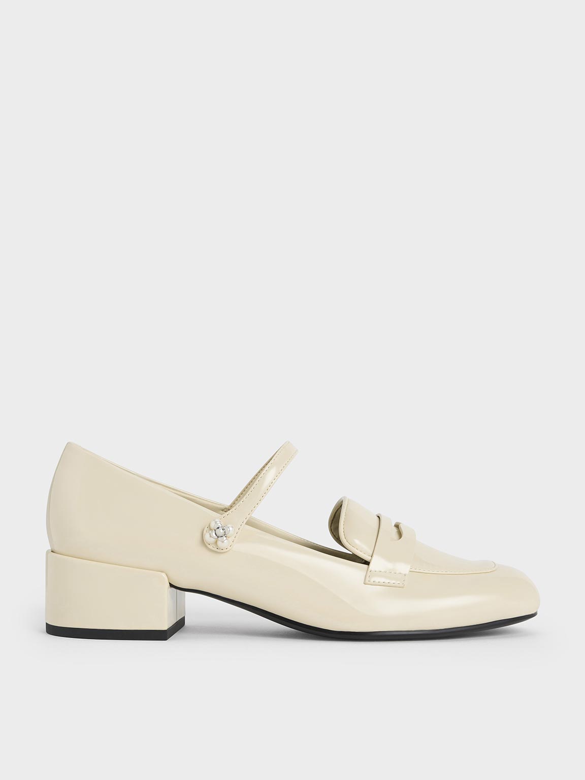 Chalk Patent Pearl-Embellished Flower-Buckle Mary Jane Loafers