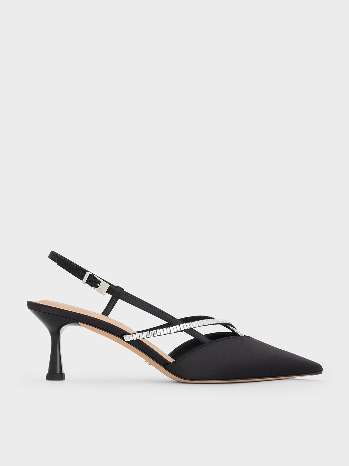 Crystal-Embellished Slingback Pumps - Black Textured - CHARLES & KEITH VN