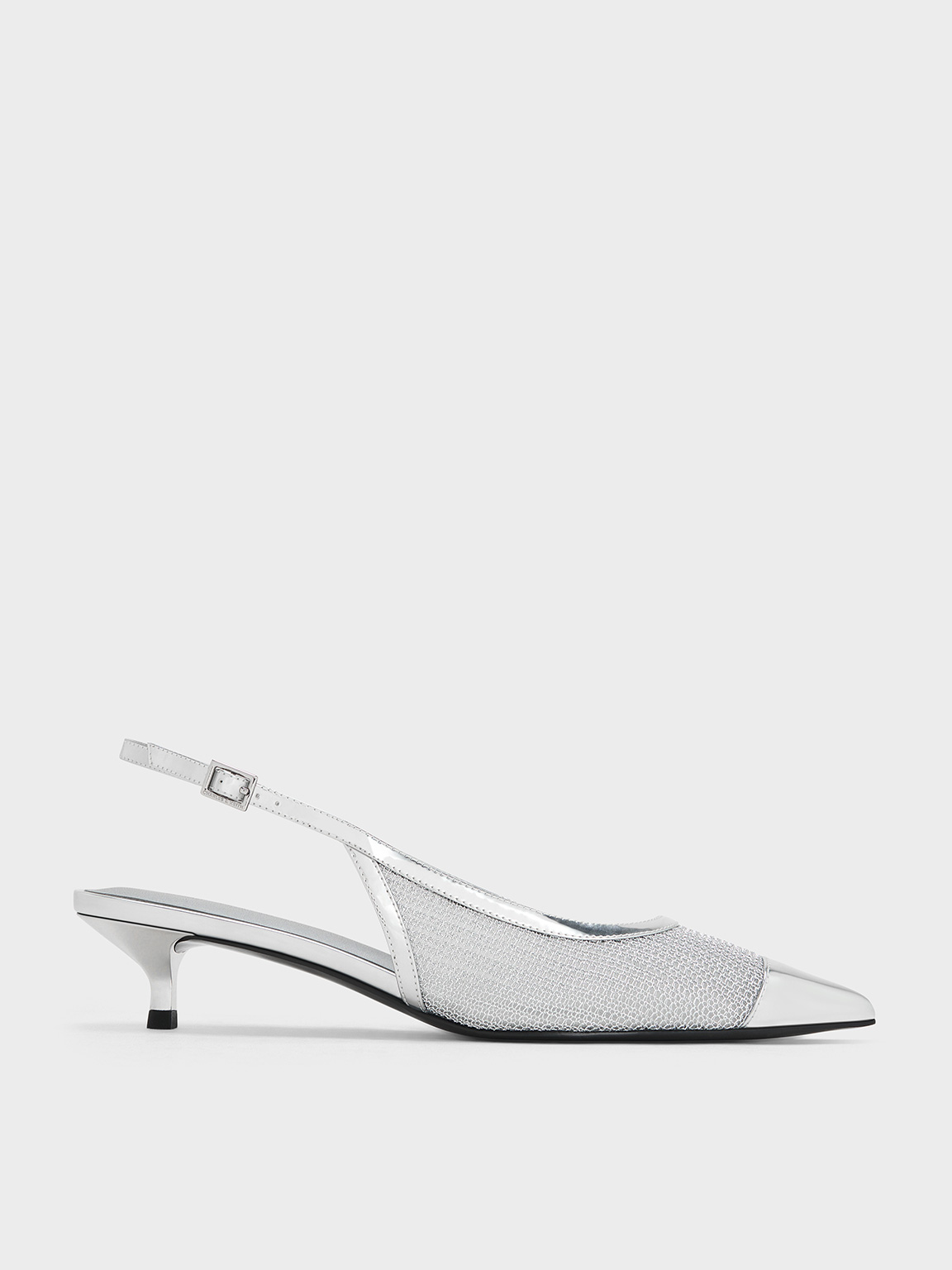Mesh Metallic Cap-Toe Kitten-Heel Pumps - Silver - CHARLES & KEITH VN
