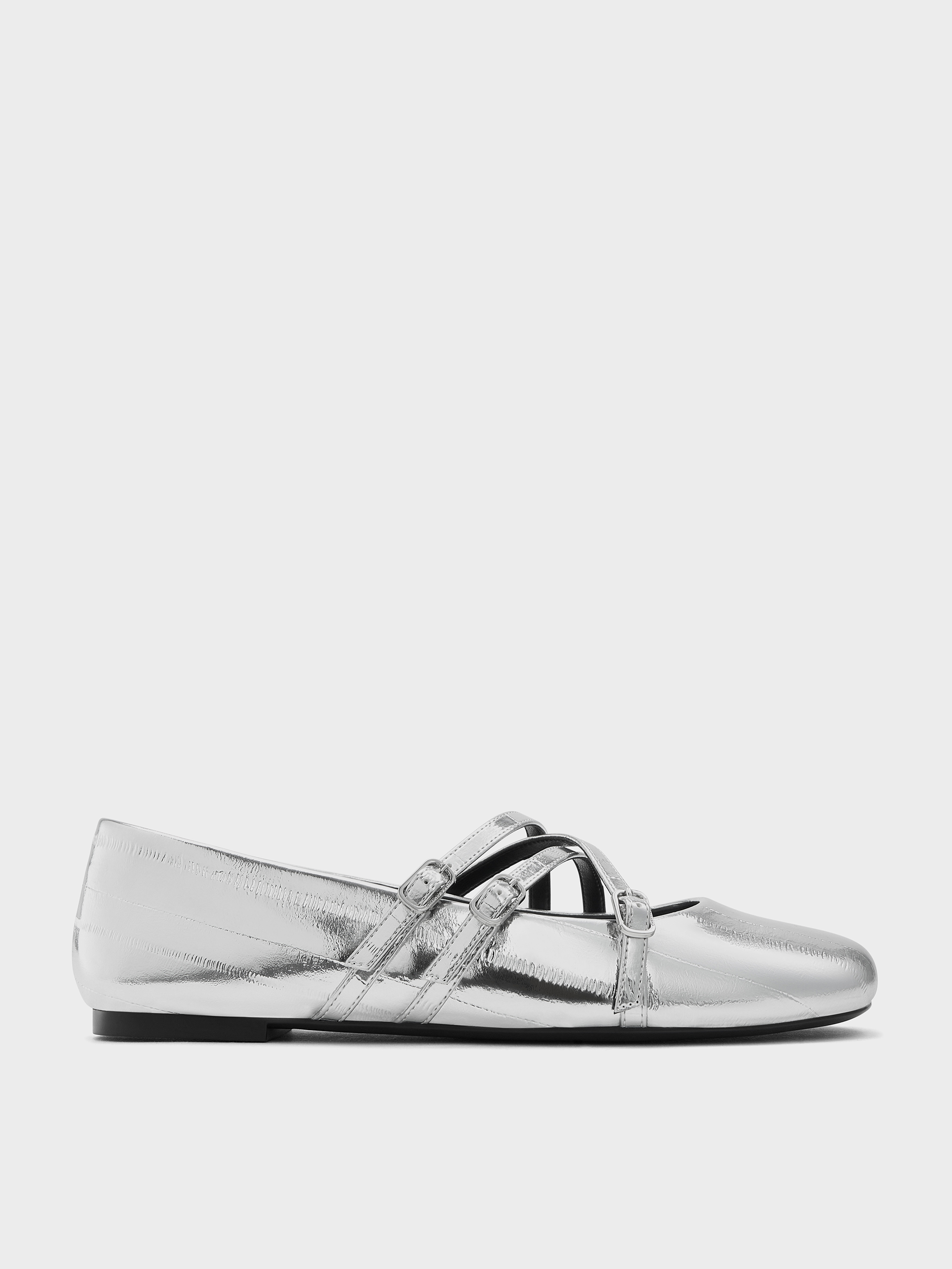 Metallic Triple-Strap Mary Jane Flats - Silver - CHARLES & KEITH VN