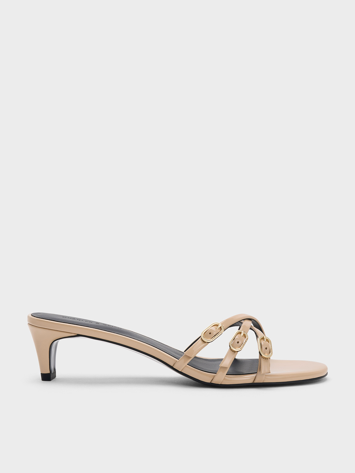 Patent Buckled Strappy Kitten-Heel Mules - Beige - CHARLES & KEITH VN